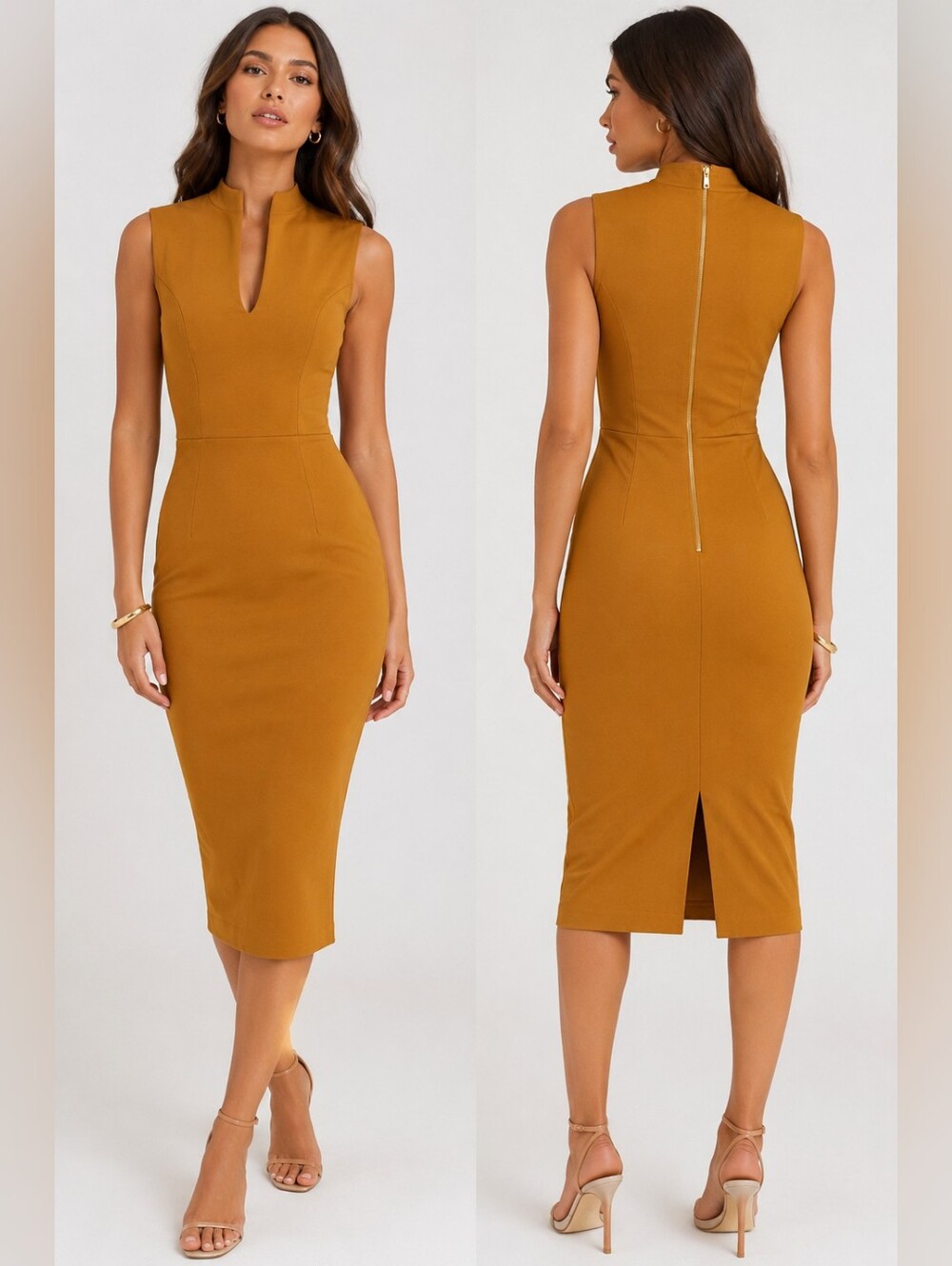 🤎 Rolla Coster Mustard Mock Neck Bodycon Midi Dress | Gold Back Zip | Size Smal